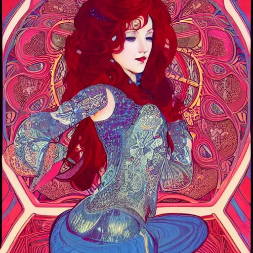 Image similar to a beautiful dancer with red hair in 1970's fashion, in disco room, intricate, highly detailed, digital painting, artstation, official media, anime key visual, concept art, rich vivid colors, ambient lighting, sharp focus, illustration, art by Ayami Kojima and alphonse mucha