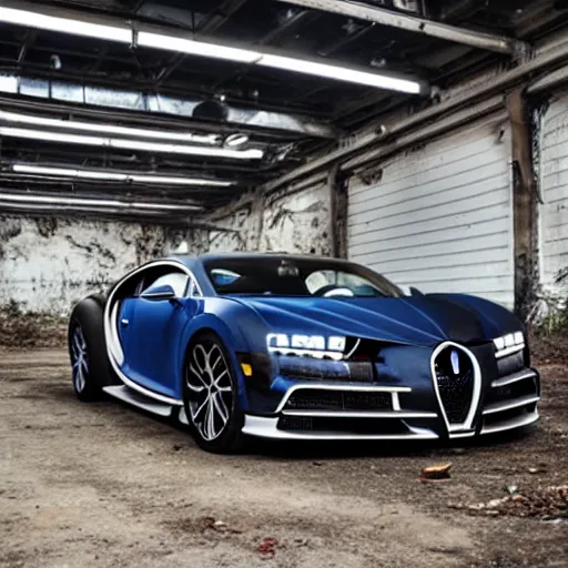 Image similar to an abandoned, derelict, rusty bugatti chiron in a dirty warehouse