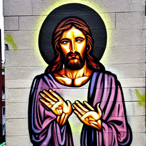 Prompt: Jesus resurrection Street art, graffiti, urban public art, independent