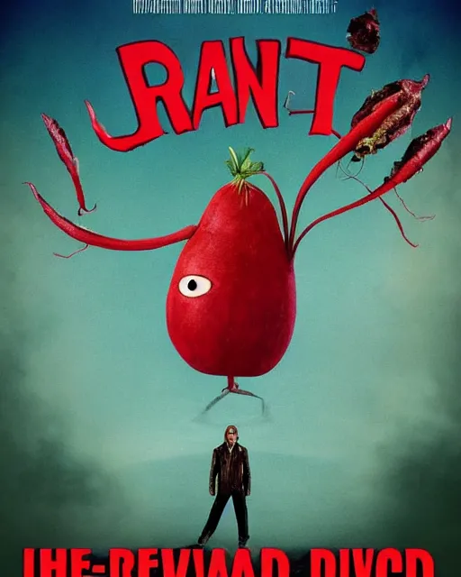 Image similar to A poster for a B-Movie about a giant radish that becomes possessed by the devil and terrorizes a small town