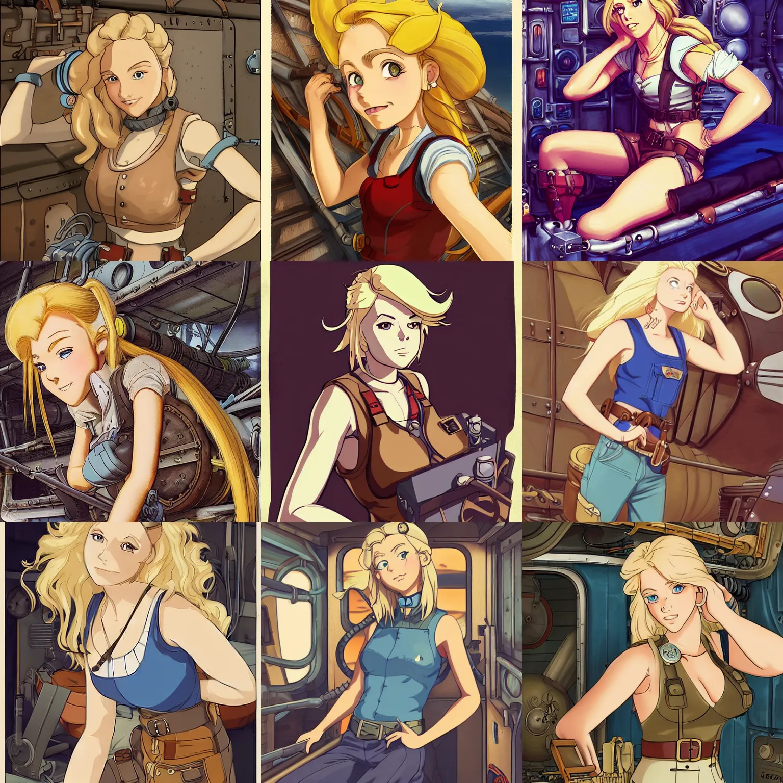 Prompt: Character portrait of a tank top-clad blonde female airship mechanic resting in her cramped bunk, steampunk, beautiful face, striking eyes, highly detailed, digital art, cel shading, vintage anime still, by Studio Ghibli and Disney Animation, Artgerm