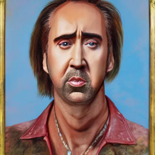 Image similar to nic cage fused with a horse, buff, painted portrait, highly detailed,