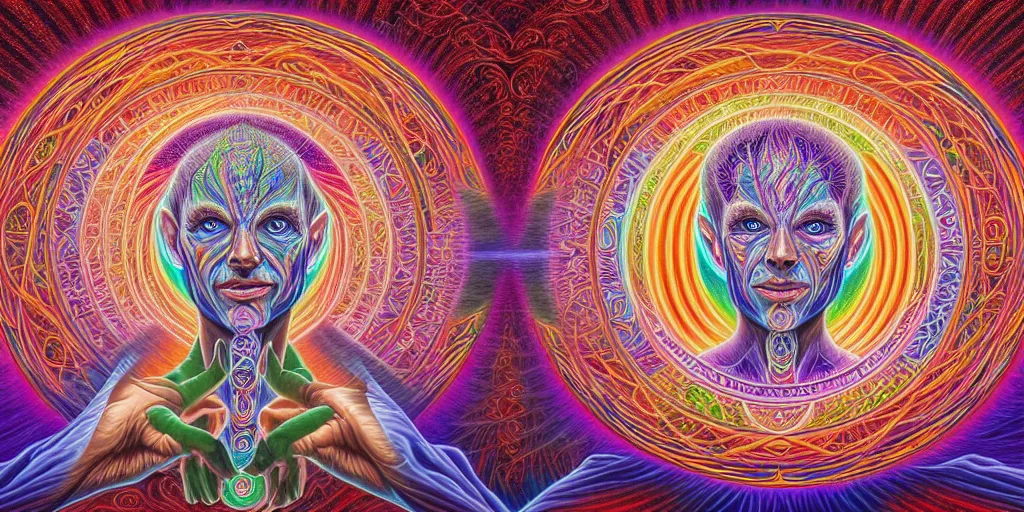 Prompt: detailed portrait of a dmt time elf waving to a passing soul energy, dmt portrait of benevolent time elves sharing their soul frequency, majestic temple, masterpiece composition, 8 k resolution, ultra fine illustration, art by alex grey and tokio aoyama, highly detailed,