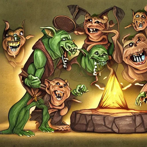 Image similar to goblins having a party, d&d inspired digital artwork