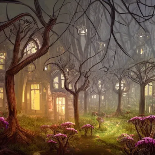 Prompt: hidden city in a forest with building made of twisting trees with homes attached, thorny, glowing windows, glowing flowers, dark, moody, creepy, concept art