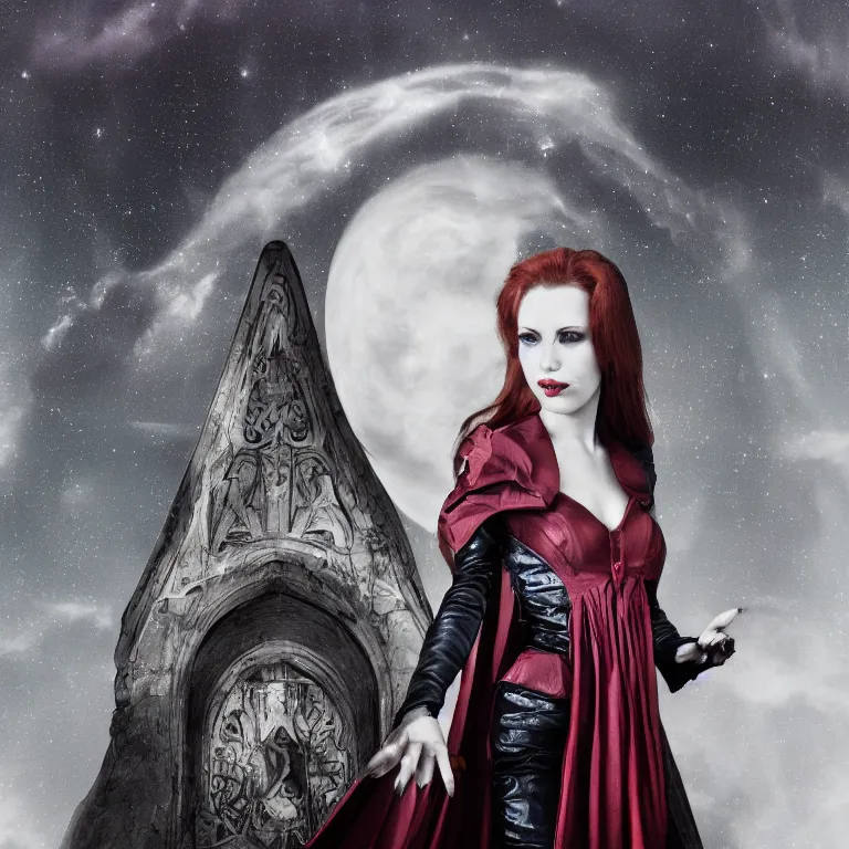 Image similar to portrait of vampire queen commanding the bridge of a evil starship, digital photo