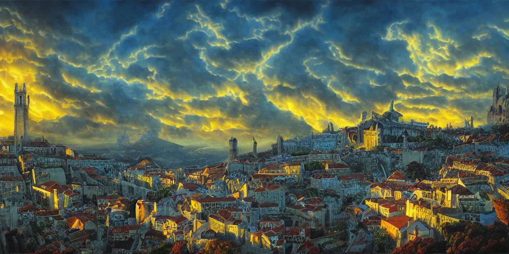 Image similar to fantasy oil painting, megalithic city of lisbon, fantasy, buildings, looming, colossal, gate, small buildings, warm lighting, street view, daytime, silhouetted figure standing overlooking the port city, epic, distant mountains, bright clouds, luminous sky, cinematic lighting, michael cheval, michael whelan, artstation, oil painting, vray, 8 k hd