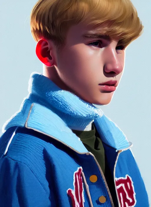 Image similar to portrait of a teenage boy named moose mason, blonde short hair, jock, beefy, square jaw, square facial structure, 1 9 5 0 s, blue varsity jacket, intricate, elegant, glowing lights, highly detailed, digital painting, artstation, concept art, smooth, sharp focus, illustration, art by wlop, mars ravelo and greg rutkowski