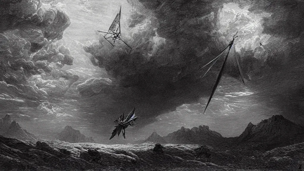 Image similar to drawing of an ornithopter flying toward a desert storm, by gustave dore, nineteenth century, black and white, vintage, science fiction, epic composition, dramatic lighting, highly detailed, cinematic