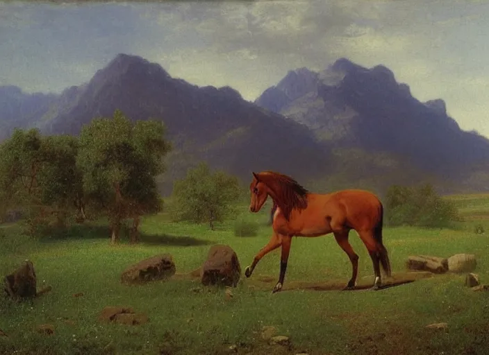 Prompt: painting of a horse on a field in front of beautiful mountains by albert bierstadt