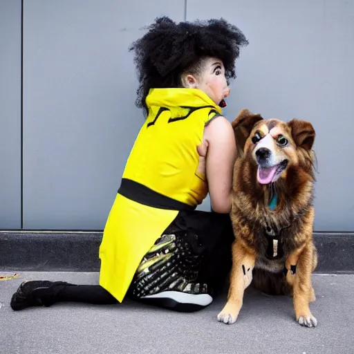 Image similar to a latin person with really curly mid length hair is wearing cyberpunk clothes and riding on top of a yellow Shepard dog