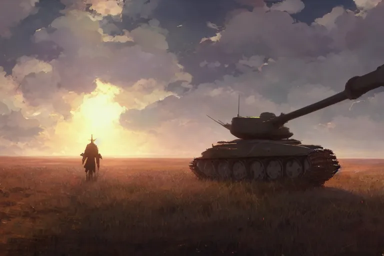 Image similar to concept art of a church combined with a tank in an open field, key visual, ambient lighting, highly detailed, digital painting, artstation, concept art, sharp focus, by makoto shinkai and akihiko yoshida and greg manchess