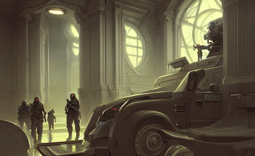 Prompt: Neoclassical Police station, sci-fi, highly detailed, digital painting, artstation, concept art, smooth, sharp focus, illustration, art by artgerm and greg rutkowski and alphonse mucha