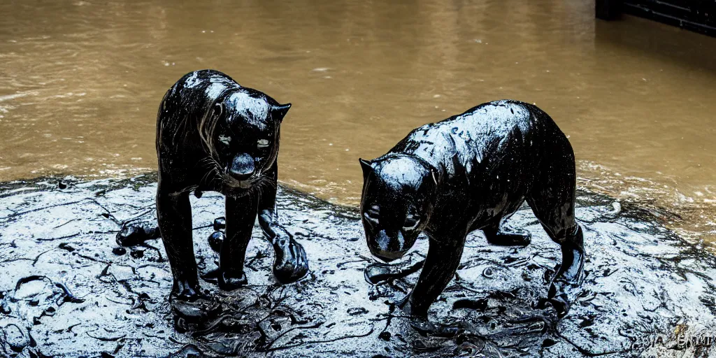 Prompt: the smooth black jaguar, made of smooth black goo, bathing in the tar moat in the zoo exhibit, viscous, sticky, full of tar, covered with black goo, splattered tar, dripping tar, dripping goo, splattered goo, sticky tar. photography, dslr, reflections, black goo, zoo, exhibit