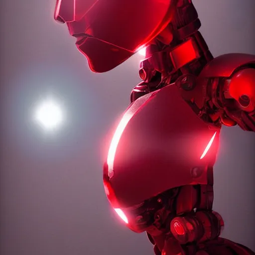 Image similar to a red humanoid robot, sci-fi concept art, photorealistic, leds, lens flare