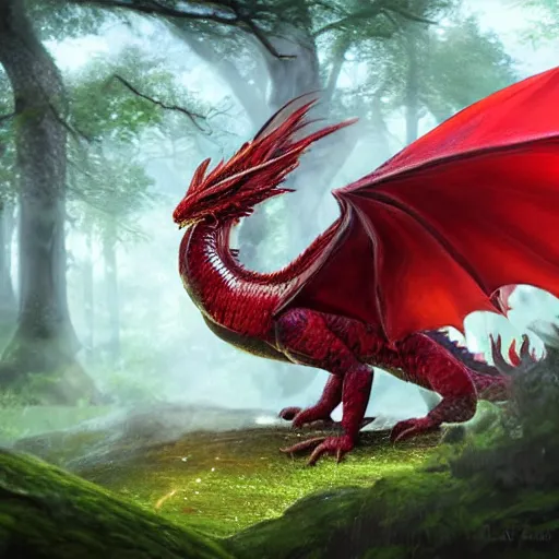 Prompt: red fire dragon in verdant forest, dnd character, background focus, high fantasy, magic, regal, realistic textured skin, gemstone textured scales, wings extended, spitting fire, huge eyes, clear clean, by lya kushinov, Avetetsuya Studios, Alexandra Fomina artstation, by Makoto Shinkai, Shinerai, matte painting