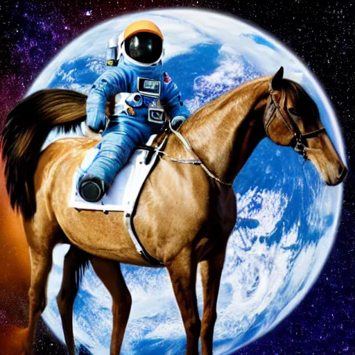 Image similar to A photograph of a horse on top of an astronaut, animal up and human down