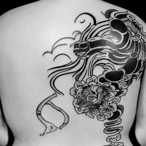 Prompt: photography of the back of a woman with an detailed irezumi tatto representing a tiger with flowers, mid-shot, editorial photography