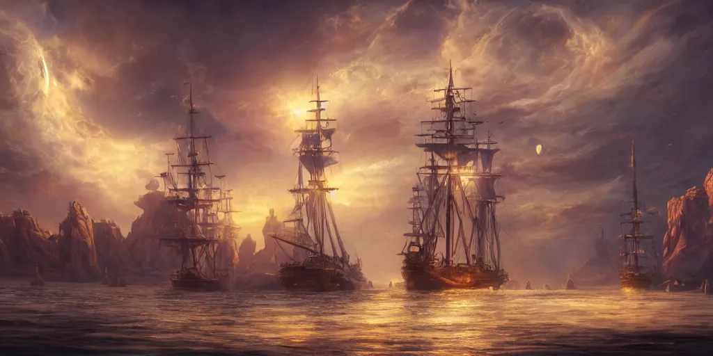 Image similar to Photorealistic epic science fiction painting of one solitary tall ship with three masts floating in space, by Rodney Matthews and Roger Dean. photorealism, UHD, amazing depth, glowing, golden ratio, 3D octane cycle unreal engine 5, volumetric lighting, cinematic lighting, cgstation artstation concept art