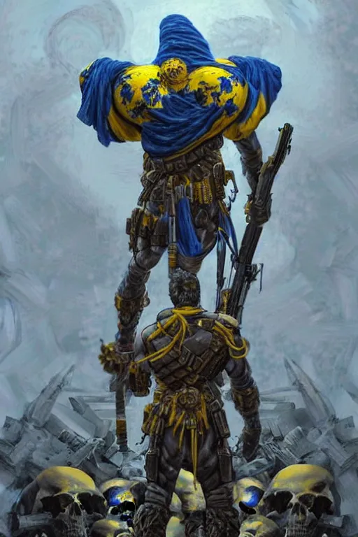 Image similar to a distant shot from behind of a Ukrainian super soldier with blue and yellow flag behind him standing alone on a huge pile of skulls as a winner, masculine muscular figure, D&D, fantasy, intricate, elegant, highly detailed, extremely detailed, digital painting, artstation, concept art, matte, smooth, hyper realistic, sharp focus, illustration, art by Artgerm and Greg Rutkowski and Alphonse Mucha