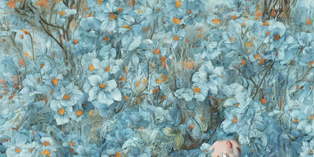 Image similar to breathtaking detailed concept art painting of goddesses of light blue flowers with anxious piercing eyes and background pattern blend of flowers and fruits and birds, by hsiao - ron cheng and beto val and john james audubon, bizarre compositions, exquisite detail, extremely moody lighting, 8 k