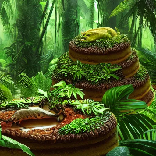 Image similar to jungle cake, ultra realistic, ultra detailed, lush, beautiful, digital art,