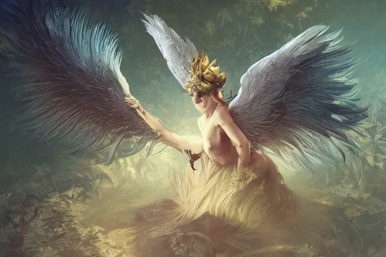 Prompt: a pig with feathered wings, flying above a tropical forest, HD, illustration, epic, D&D, fantasy, intricate, elegant, highly detailed, digital painting, artstation, concept art, smooth, sharp focus, illustration, wallpaper, art by artgerm and greg rutkowski and alphonse mucha and jin xiaodi and anthony devine