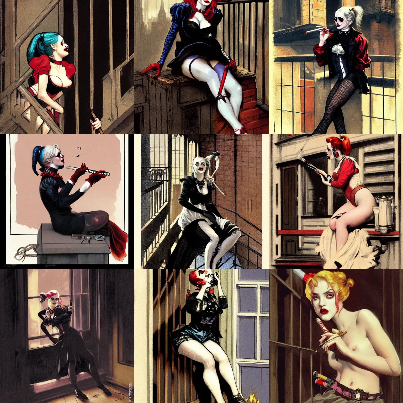 Prompt: character portrait of harley quinn sitting down on a fire escape smoking a cigarette in gothic london, gothic, john singer sargent, muted colors, moody colors, illustration, digital illustration, amazing values, art by j. c. leyendecker, joseph christian leyendecker, william - adolphe bouguerea, graphic style, dramatic lighting, gothic lighting