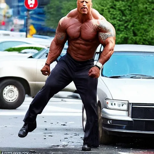 Image similar to breaking news, Dwayne the rock Johnson has become the Incredible Hulk and is bringing destruction to New York City as he smashes pavement and flips cars