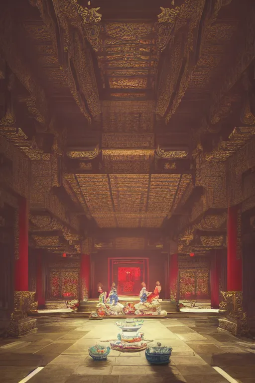 Image similar to inside a luxurious chinese temple, portrait, powerfull, intricate, elegant, volumetric lighting, scenery, digital painting, highly detailed, artstation, sharp focus, illustration, concept art, ruan jia, steve mccurry