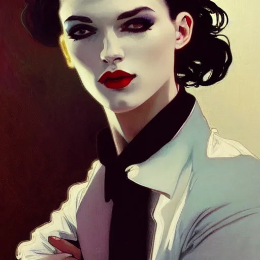 Image similar to graceful portrait of androgynous ruby rose as desire from sandman in a white tuxedo!!!, rockabilly style,, by alphonse mucha, by jeremy mann, by peter lindbergh, dave mckean, by frank moth, white suit and black tie, soft lightning, high detailed, 8 k