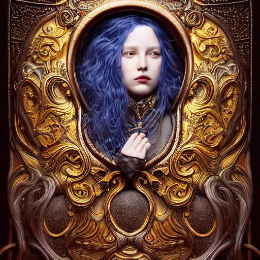 Prompt: portrait photo, artwork by james jean, hyperdetailed realistic smooth polished porcelain, beautiful female, jean delville, art nouveau, gustav klimt, ornate copper patina gothic icon, james jean, ultrasharp hyperdetailed photorealistic octane render, studio lighting, f / 1. 8, metal work