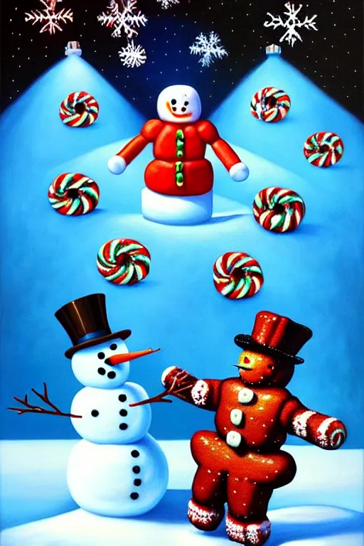 Image similar to a hyperrealistic painting of a 3 d christmas nightmare isometric gingerbread man vs snowman boss fight, cinematic horror by chris cunningham, lisa frank, richard corben, highly detailed, vivid color,