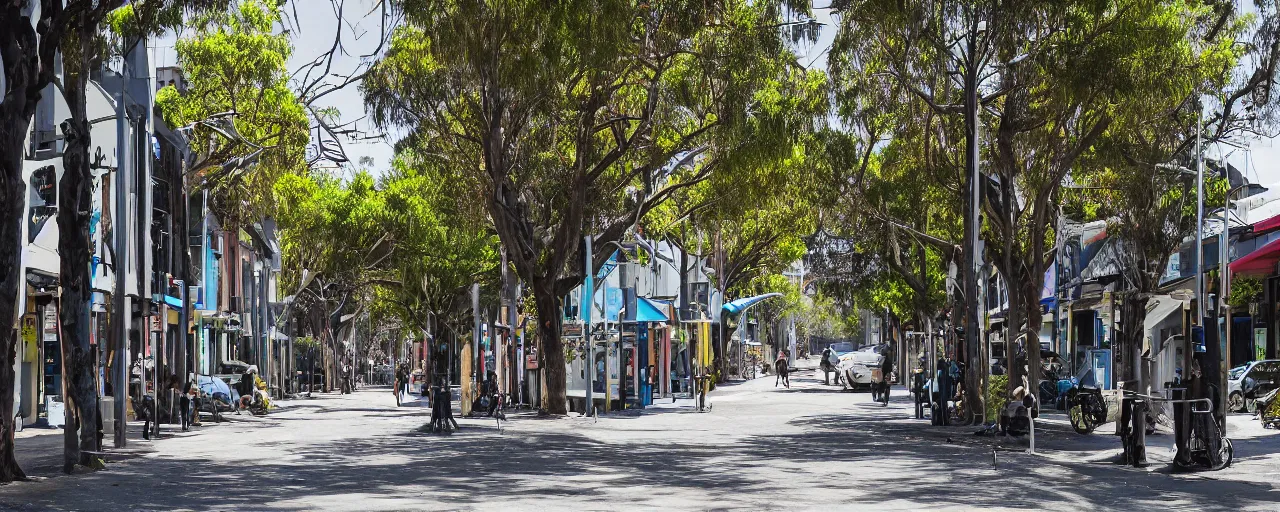 Image similar to a street in brunswick, melbourne, where the street has been reclaimed by nature, and has been turned into a futuristic marketplace, depth of field, XF IQ4, 150MP, 50mm, F1.4, ISO 200, 1/160s, natural light