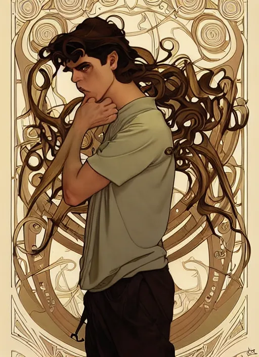 Prompt: art nouveau portrait of a young man with curly light brown hair, brown eyes, serious facial expression, gloomy mood, angry, t - shirt, natural lighting, path traced, highly detailed, high quality, cartoon, digital painting, by don bluth and ross tran and studio ghibli and alphonse mucha