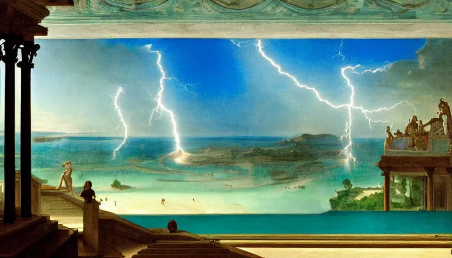 Image similar to From inside the balcony of the giant Palace, mediterranean balustrade and columns, refracted lines and sparkles, thunderstorm, greek pool, beach and Tropical vegetation on the background major arcana sky and occult symbols, by paul delaroche, hyperrealistic 4k uhd, award-winning, very detailed paradise