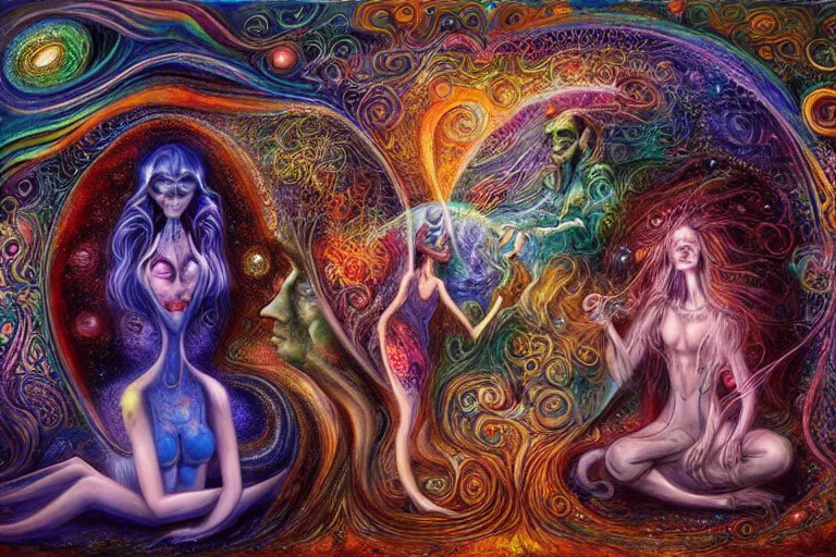 Image similar to two psychedelic shamans intertwined in a cosmic entanglement by Josephine Wall and Daniel Merriam, Artstation