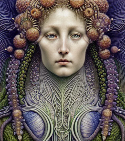 Image similar to detailed realistic beautiful alexandrite goddess face portrait by jean delville, gustave dore, iris van herpen and marco mazzoni, art forms of nature by ernst haeckel, art nouveau, symbolist, visionary, gothic, neo - gothic, pre - raphaelite, fractal lace, intricate alien botanicals, biodiversity, surreality, hyperdetailed ultrasharp octane render