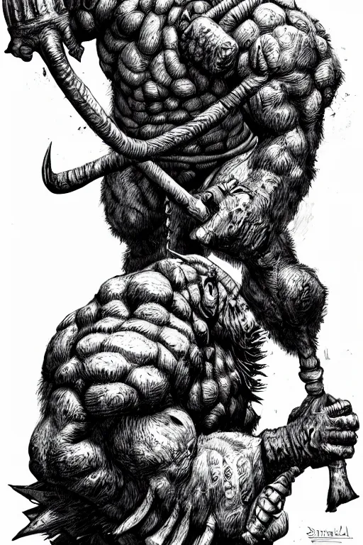 Image similar to hunched ogre with a horn on his head, highly detailed, digital art, sharp focus, trending on art station, kentaro miura manga art style