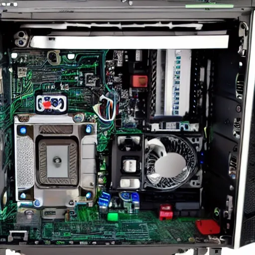 Prompt: the inside of a computer being powered by tiny gnomes