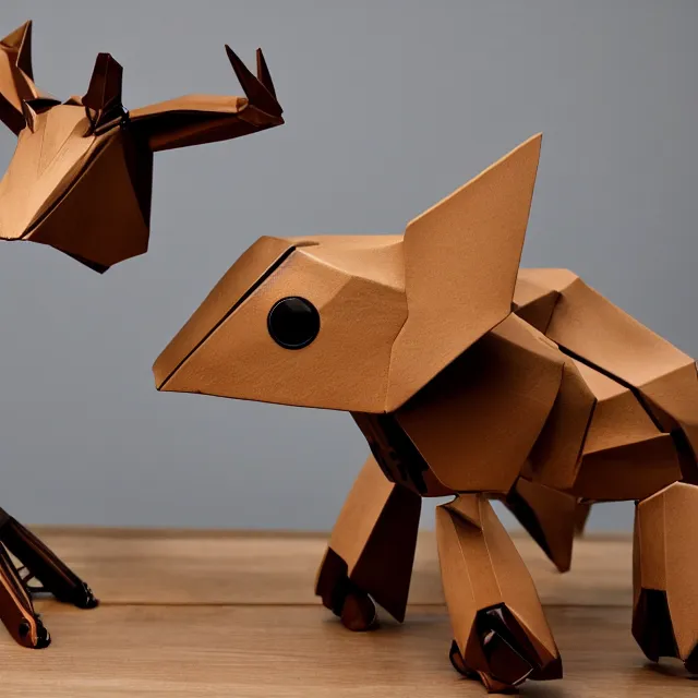 Prompt: a photograph of a deer origami and a humanoid robot mecha origami on top of a wooden table