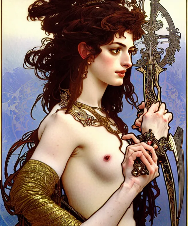 Prompt: realistic detailed face portrait of anne hathaway as goddess of swords by alphonse mucha, ayami kojima, amano, greg hildebrandt, and mark brooks, male, art nouveau, neo - gothic, gothic