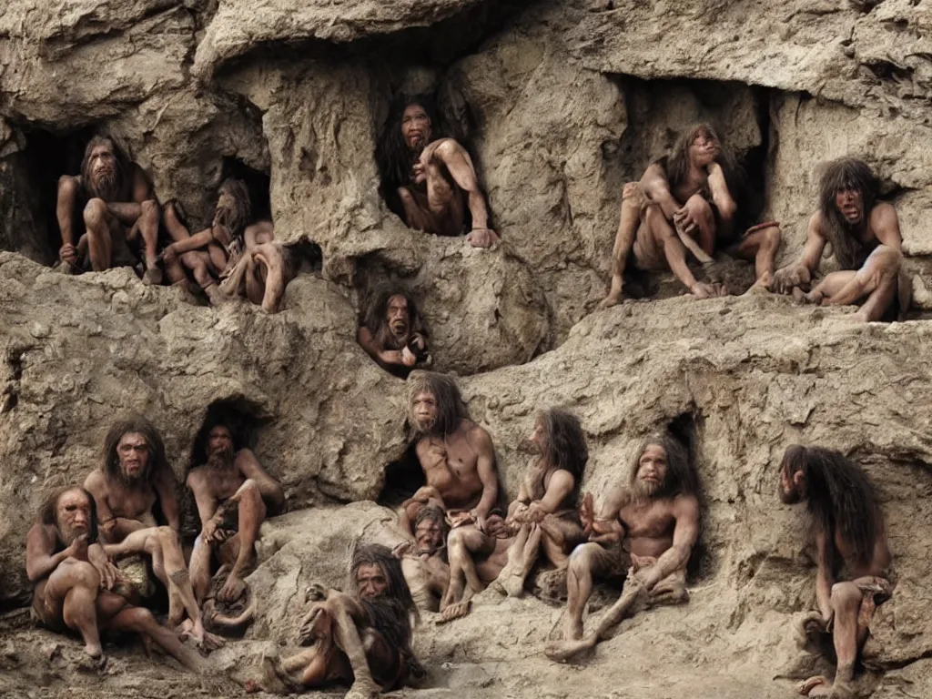 Prompt: neanderthal tribe chilling in their homes