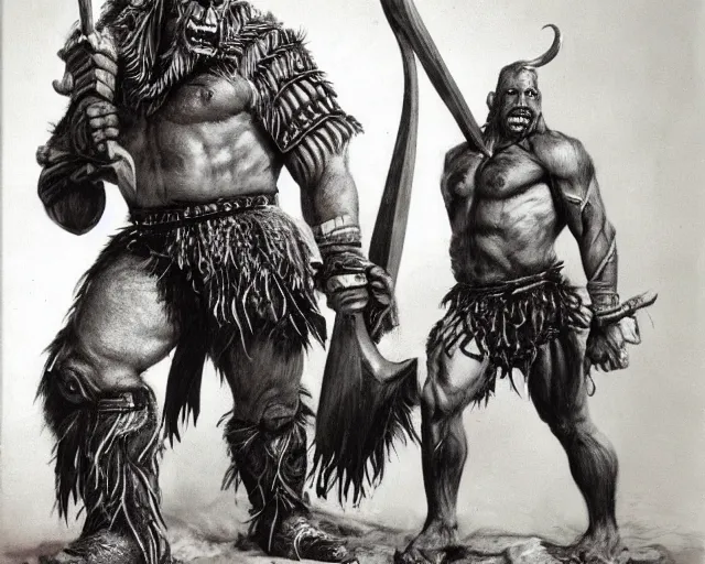 Image similar to vintage photograph of a real fantasy orc chieftain, tall, muscular, sharp fangs and tusks, big arms, big hands, big feet, armored, tribal paint, highly detailed