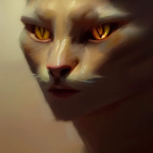 Prompt: humanoid feline hybrid, concept art oil painting, portrait ethereal by jama jurabaev, greg rutkowski extremely detailed, brush hard, artstation, soft light