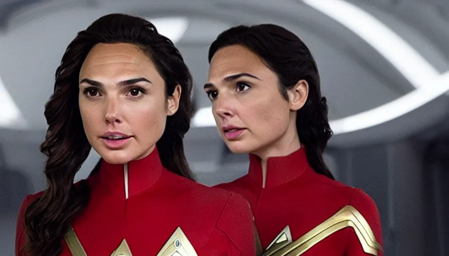 Image similar to Gal Gadot, wearing command red, is the captain of the starship Enterprise in the new Star Trek movie