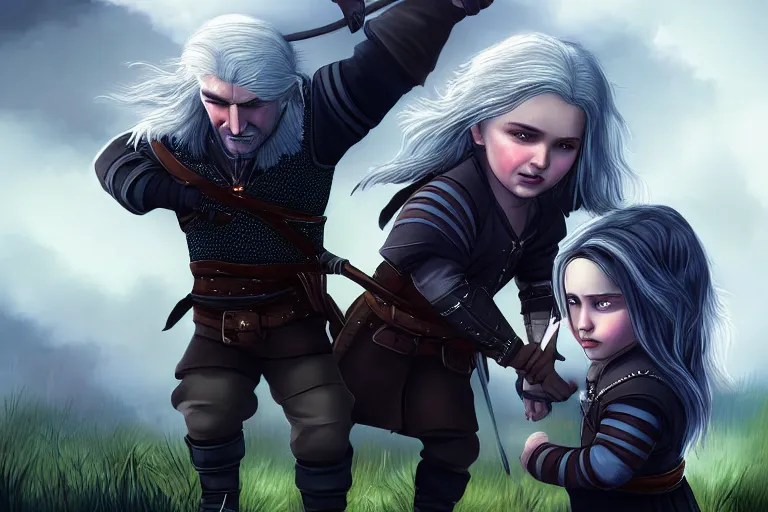 Prompt: Little Geralt and little Yennefer play together, Yennefer uses magic, digital art by greg rutkowsky, masterpiece, balanced colors HD