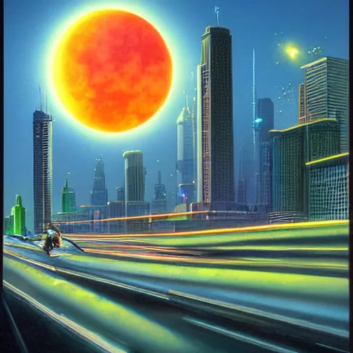 Prompt: eclipse over futuristic crystal city infinite traffic, synthwave bright neon colors highly details cinematic vladimir kush, philippe dru, roger deal, bob egg, leton, michael whelan,