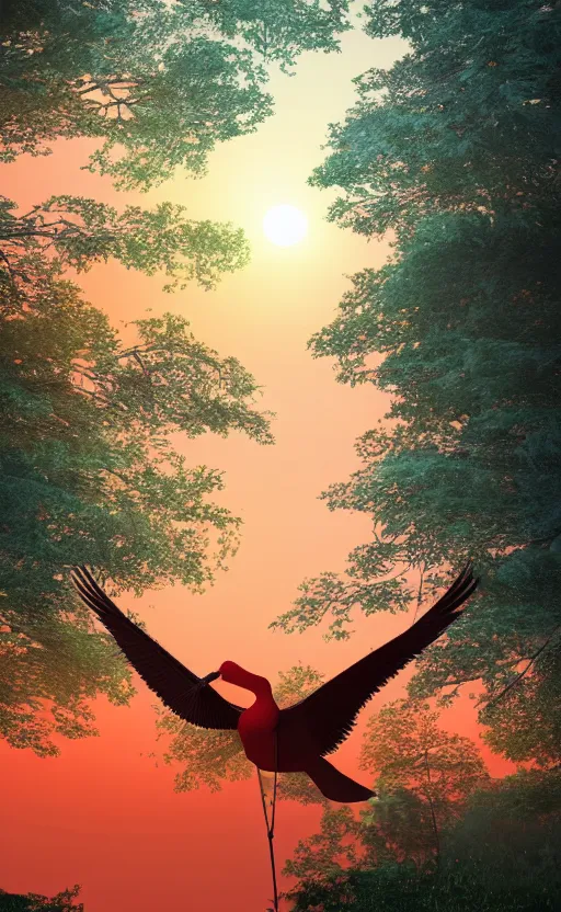 Image similar to cinema 4d, a huge japanese crane bird is chilling above a lake in the middle of a forest of japanese pines, a big red sun in the background, front game card, realistic rendering, trending on behance, concept art, stunning, volumetric lights