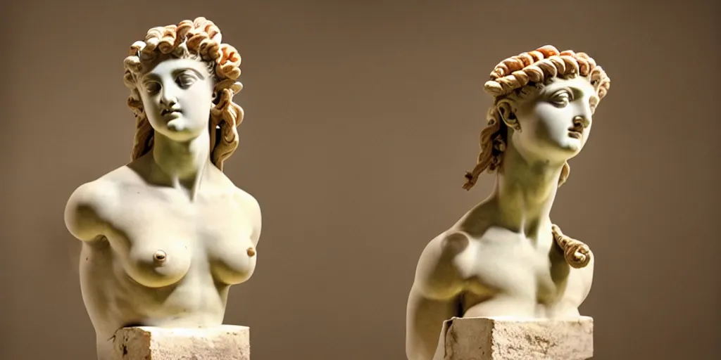 Image similar to ancient greek sculpture, artist unknown, bust, multiple poses, flawless beauty, young woman as medusa, prominent jawline